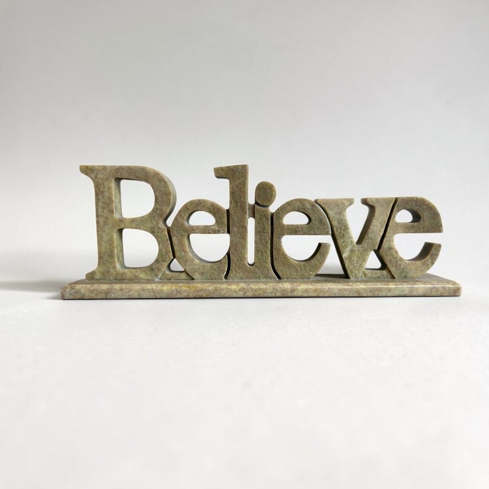 Hand Carved African Green Soapstone‎ Believe Sculpture 13" Decor